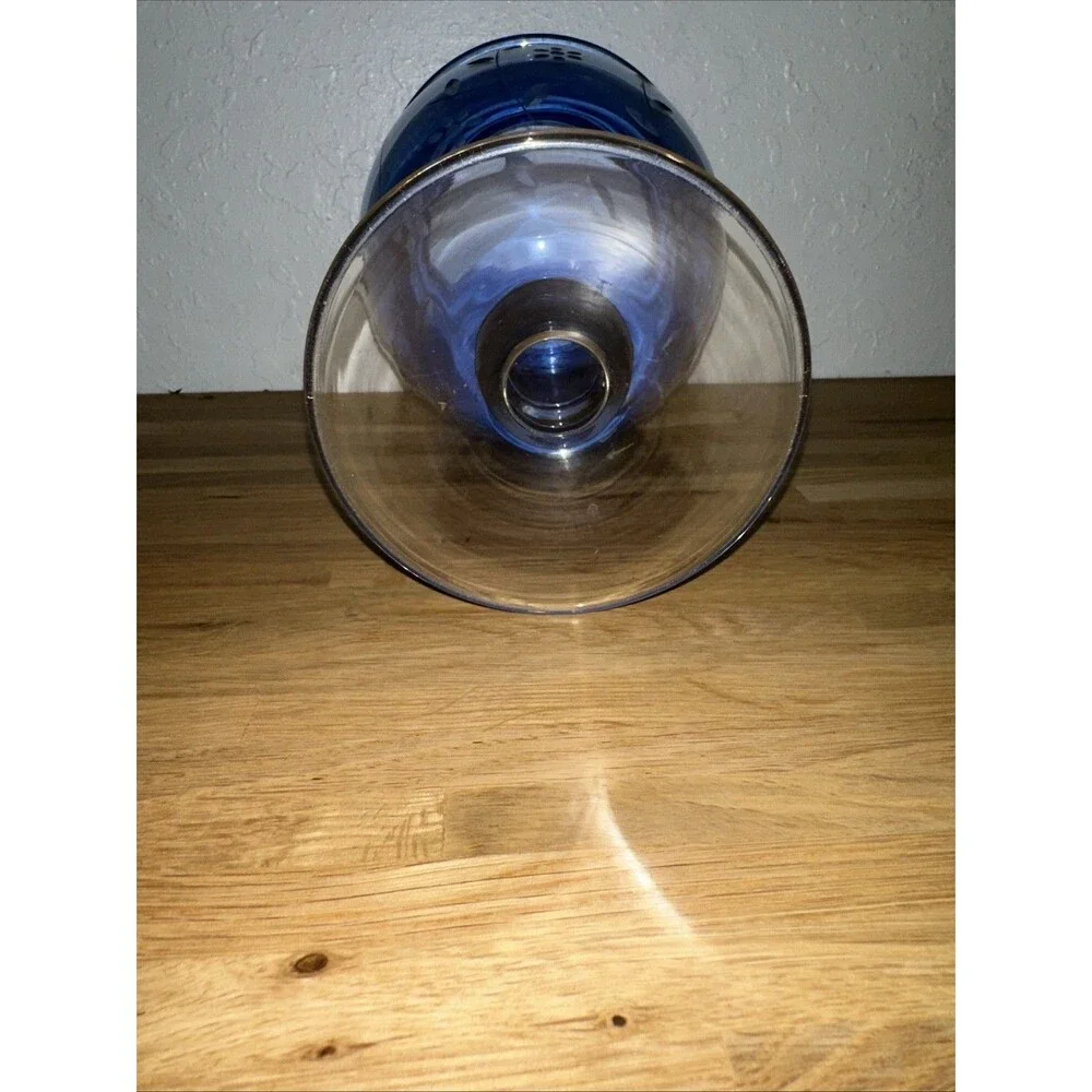 Tiffin Blue Etched Floral Footed Blown Glass Vase w/ Ball Stem